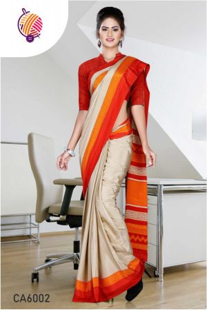 Beige & Orange Printed Uniform Saree CA6002