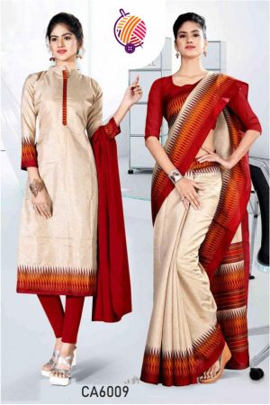 Beige & Maroon Printed Uniform Saree CA6009